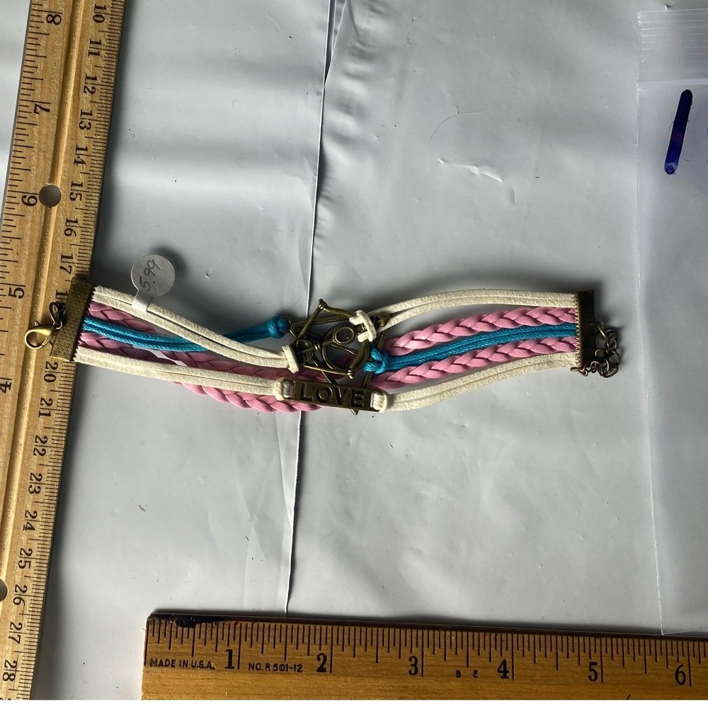 Boho‎ Anchor Charm Braided Bracelet White Pink Blue Cord